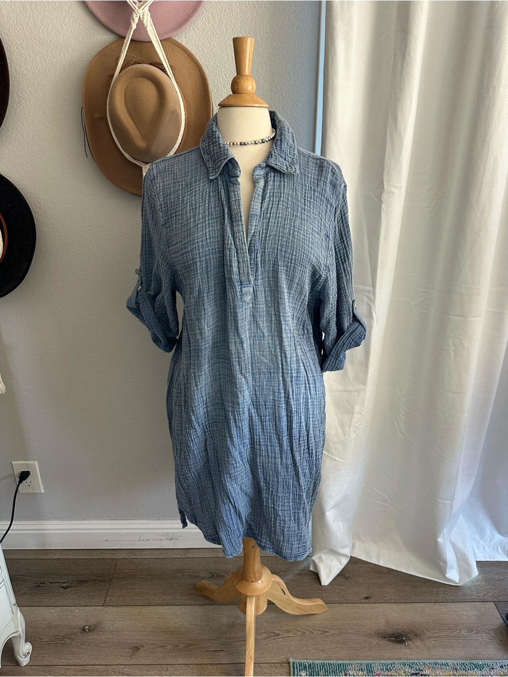 Elan Light Blue Casual Button-Down Gauze Shirt